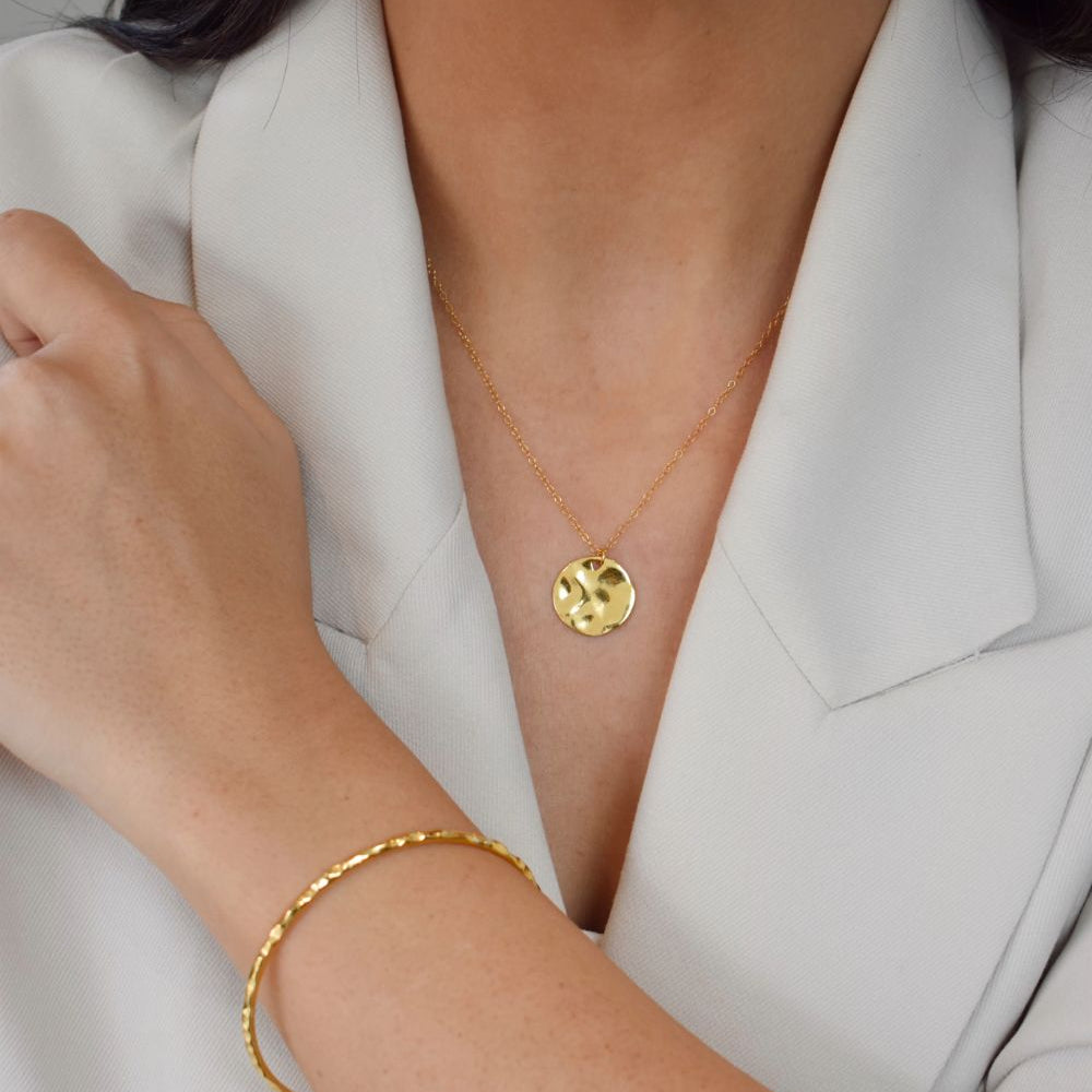 gold vermeil hammered bangle and gold vermeil hammered pendant necklace