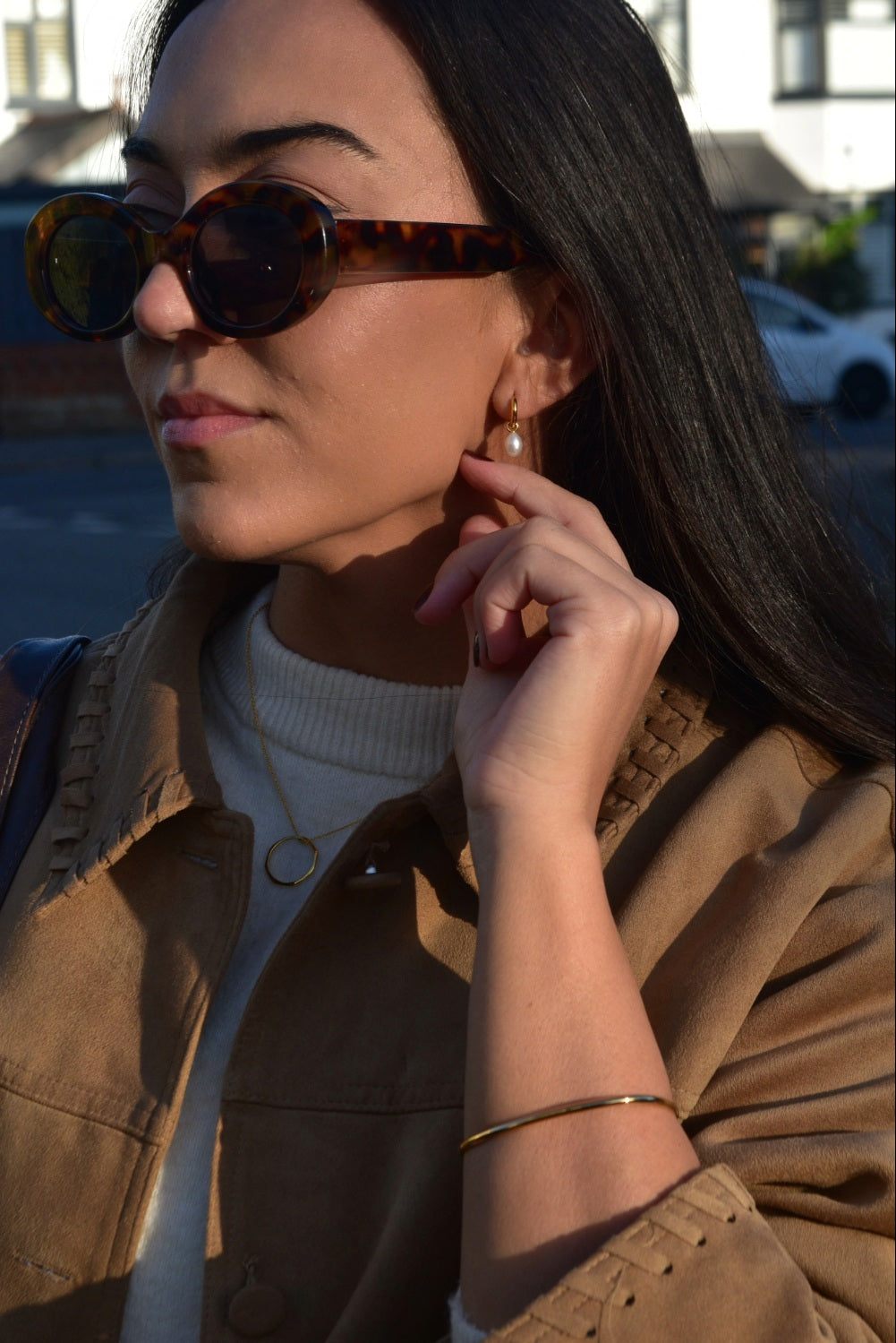 drop pearl huggies, gold signature bangle and gold angled hoop pendant